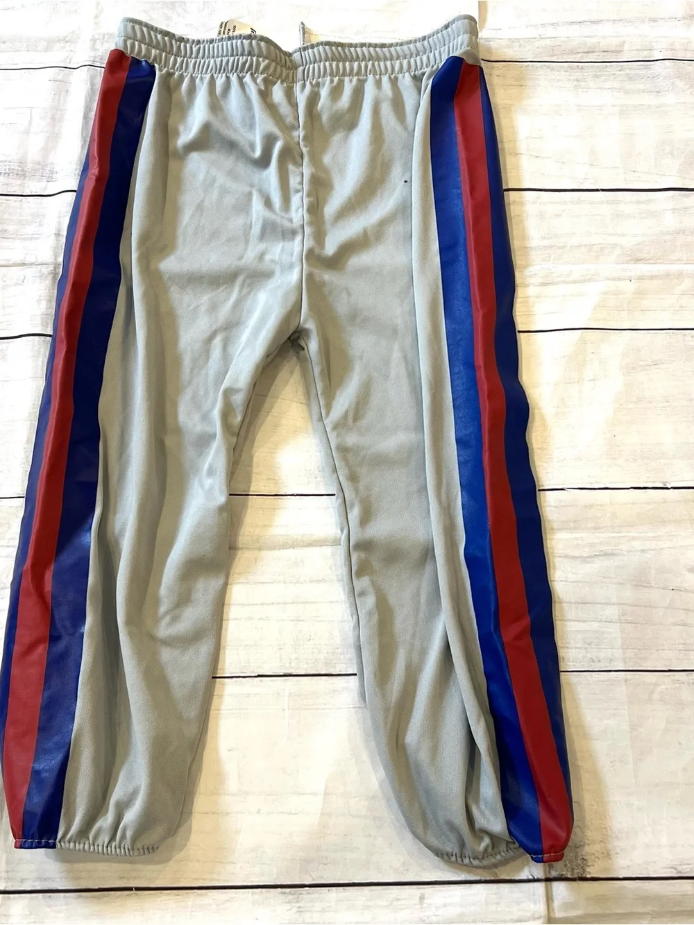 Gray Athletic Pants with Blue and Red Side Stripes